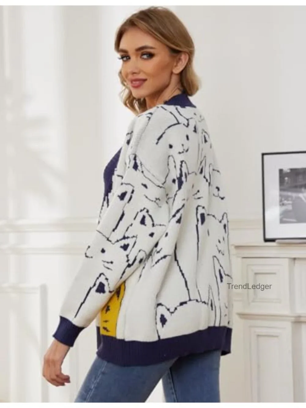 Oversized V-Neck Cat Print Cardigan - Kawaii Cute Knit Sweater for Women